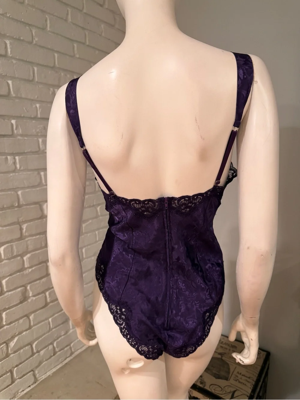 Vintage Victoria’s Secret Gold Label Purple Satin Jacquard Lace Teddy Bodysuit